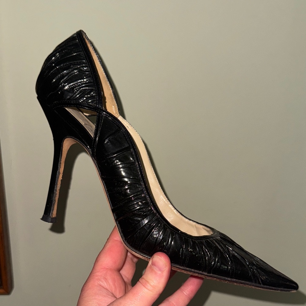 Jimmy Choo Leather Black Stiletto Amy Size 40 9.5 10 Heels Shoes Cut Out Side